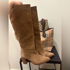 Tan 💯 authentic leather upper heeled knee high boots- VTG?, unbranded.